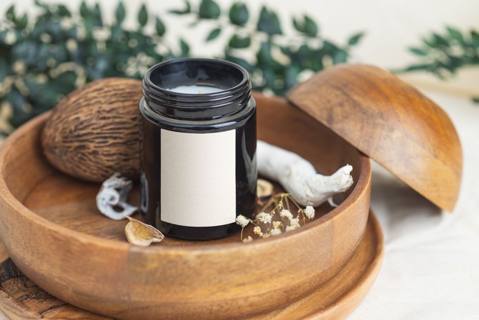 Vela aromática elegante en cuenco de madera con elementos botánicos
